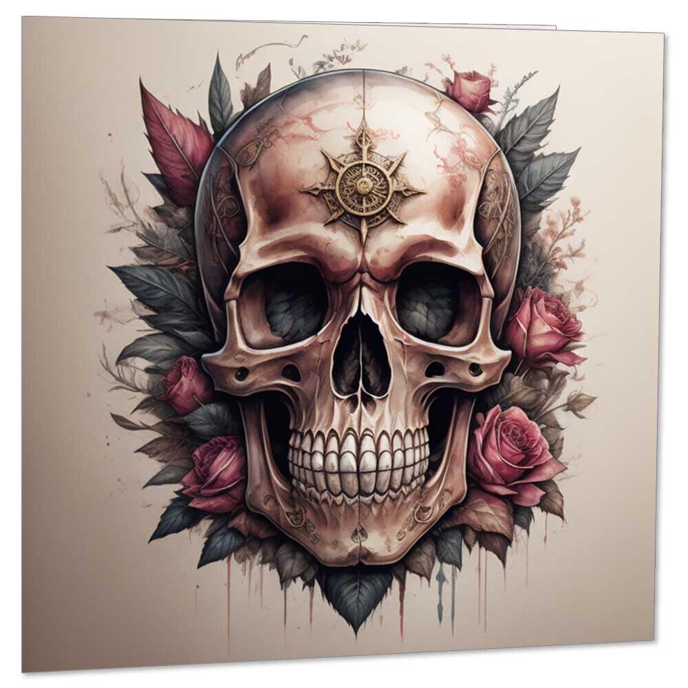 Gothic Floral Skull Birthday Card - Rock Metal Biker Greeting Card 145 x 145mm - Purple Fox Gifts