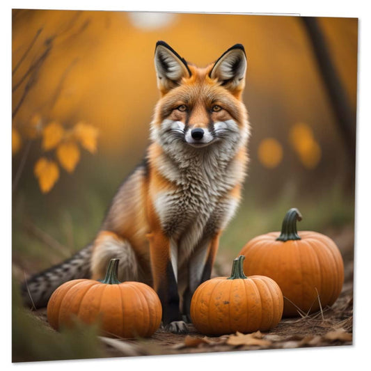 Fox with Pumpkins Greeting Card Halloween foxes greeting card 147mm x 147mm - Purple Fox Gifts