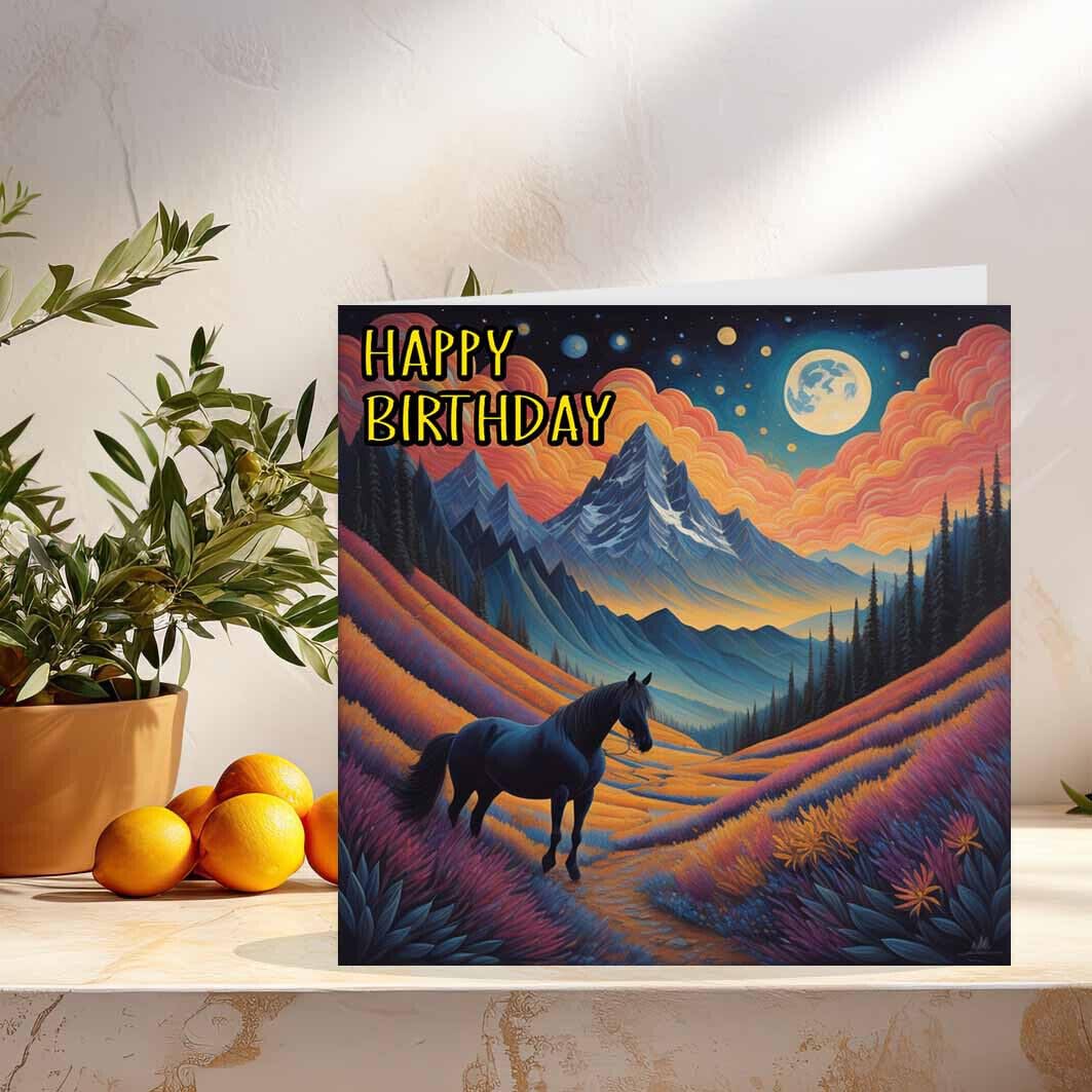 Horse Birthday Card Horse Art Beautiful Moon Greeting Card 145 x 145mm - Purple Fox Gifts