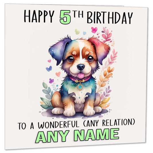 Kids Personalised Birthday Card - Any Age/Name - Cute Dog Puppy 145 x 145mm - Purple Fox Gifts