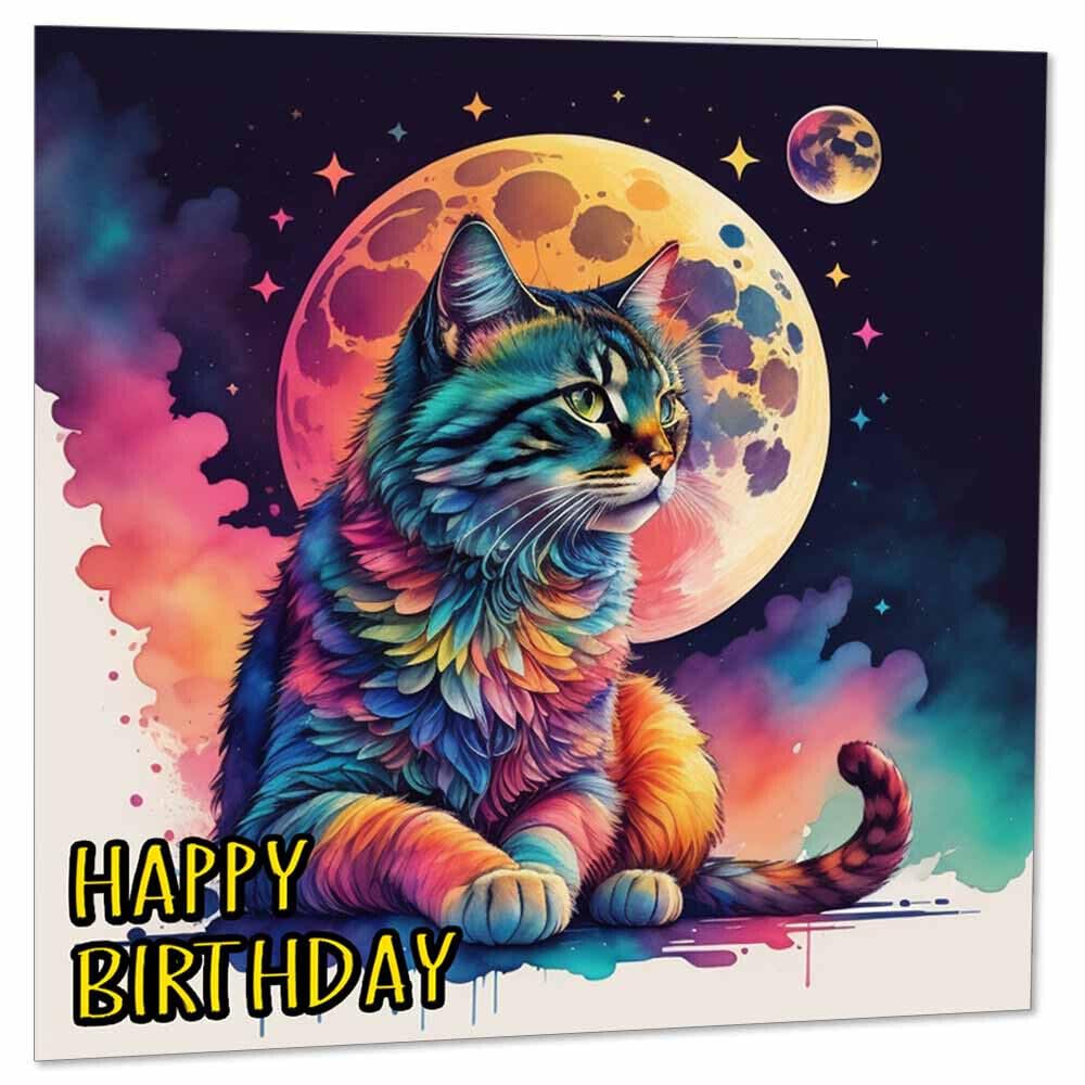 Moon Cat Birthday Card - Colourful Cat Greeting Card - Cat Cards 145 x 145mm - Purple Fox Gifts