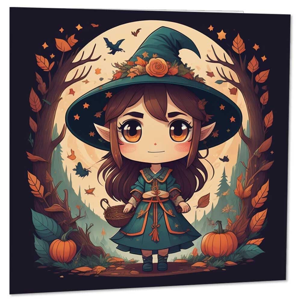 Kawaii Witch Girl Birthday Card - Cute Chibi Forest Witch 145 x 145mm - Purple Fox Gifts