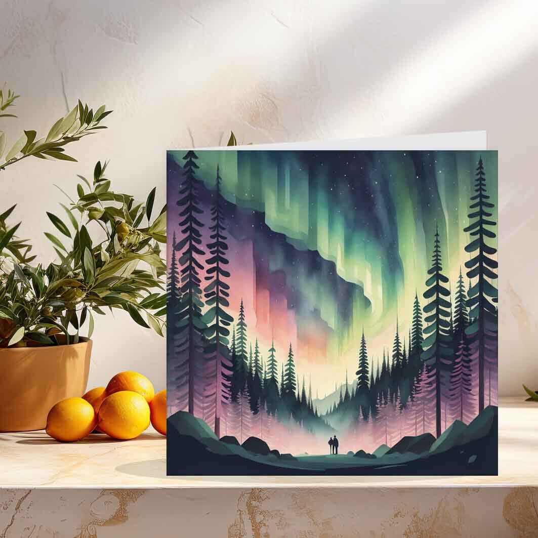 Northern Lights Card - Woodland Couple - Anniversary Birthday Card 145 x 145mm - Purple Fox Gifts