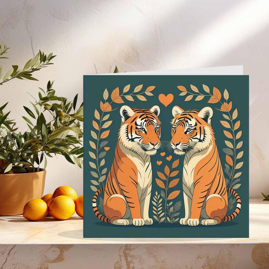 Tiger Couple Valentines Anniversary Card - boyfriend girlfriend love romantic - Purple Fox Gifts