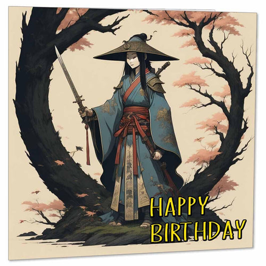Anime Samurai Birthday Card - japanese Woman Saumarai Girl 145 x 145mm - Purple Fox Gifts