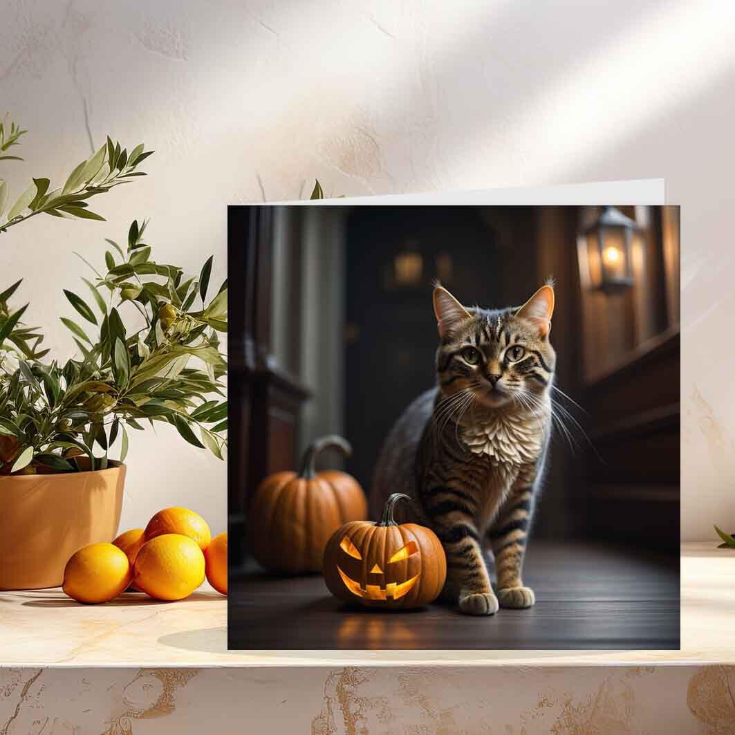 Halloween Card - Tabby Cat with Pumpkins - Autumn October Halloween 145 x 145mm - Purple Fox Gifts