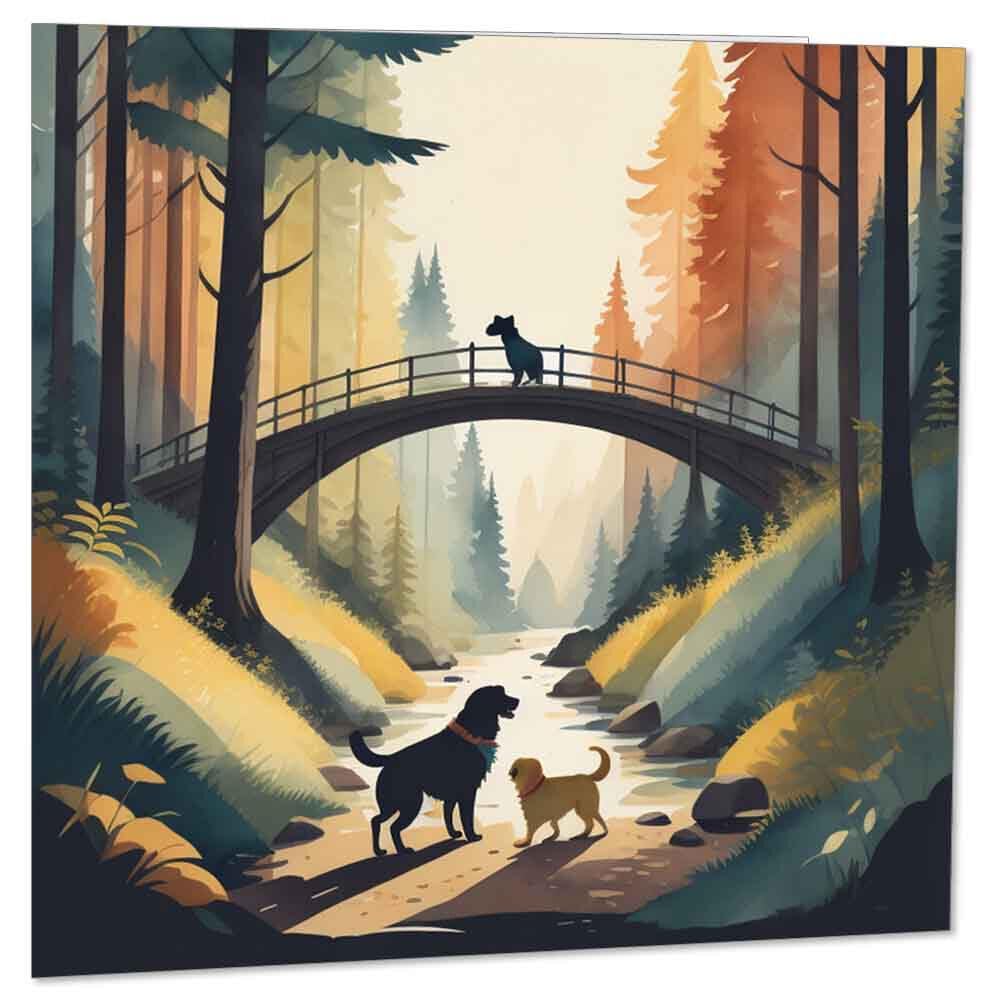 Dogs in the Woods Greeting Card - Dog Bridge Forest Drawing Card 145 x 145mm - Purple Fox Gifts