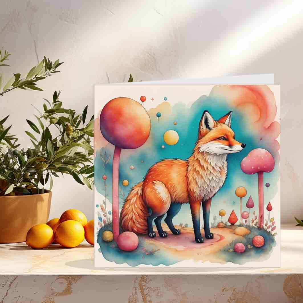 Fox Greeting Card Birthday Card Watercolour Fox Painting Drawing 145 x 145mm - Purple Fox Gifts