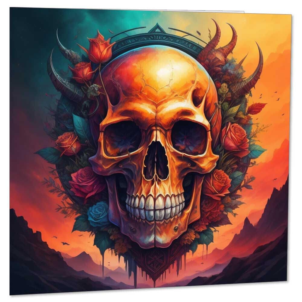 Skull Gothic Greeting Card - Rock Metal Roses Birthday Bday Card 145 x 145mm - Purple Fox Gifts