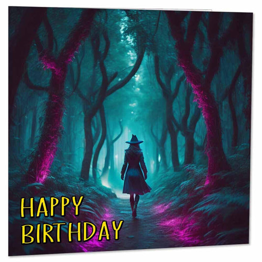 Witch In Magical Forest Birthday Card - Enchanted Woods Witches Card 145 x 145mm - Purple Fox Gifts