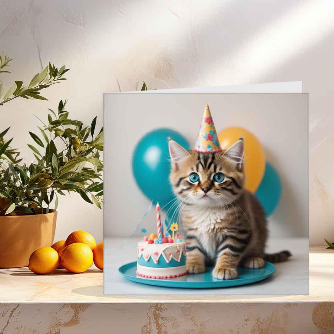 Cute Kitten Birthday Card Cat Adorable Card 147 x 147mm - Purple Fox Gifts