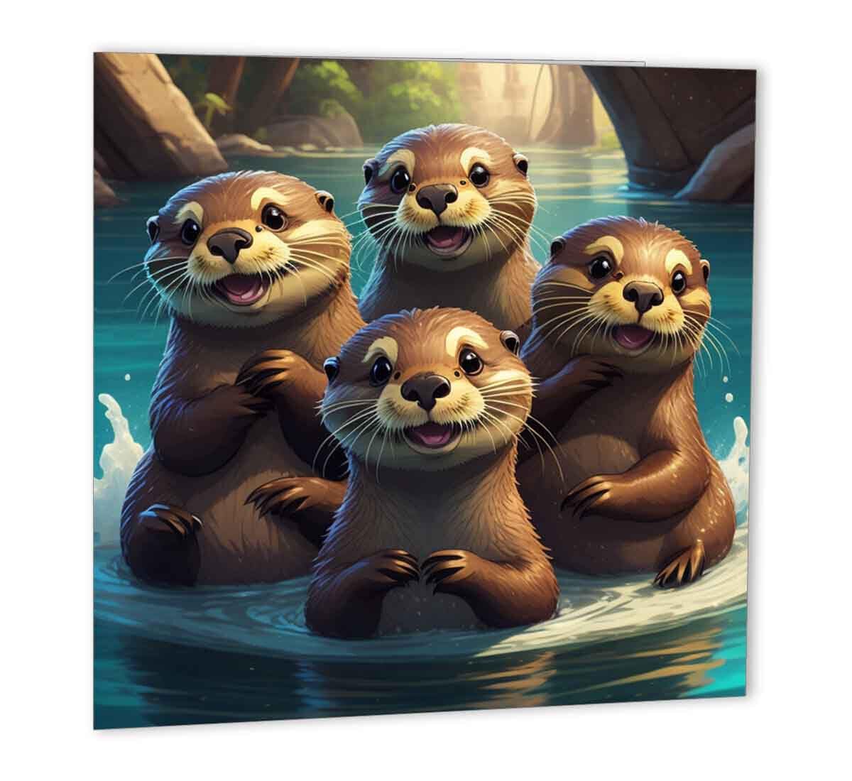 Otter Birthday Card Cute Otters Greeting Card for Otter Lovers 147mm x 147mm - Purple Fox Gifts