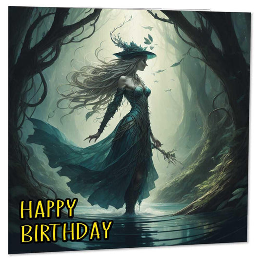 Witch Fantasy Art Happy Birthday Card 145 x 145mm - Purple Fox Gifts