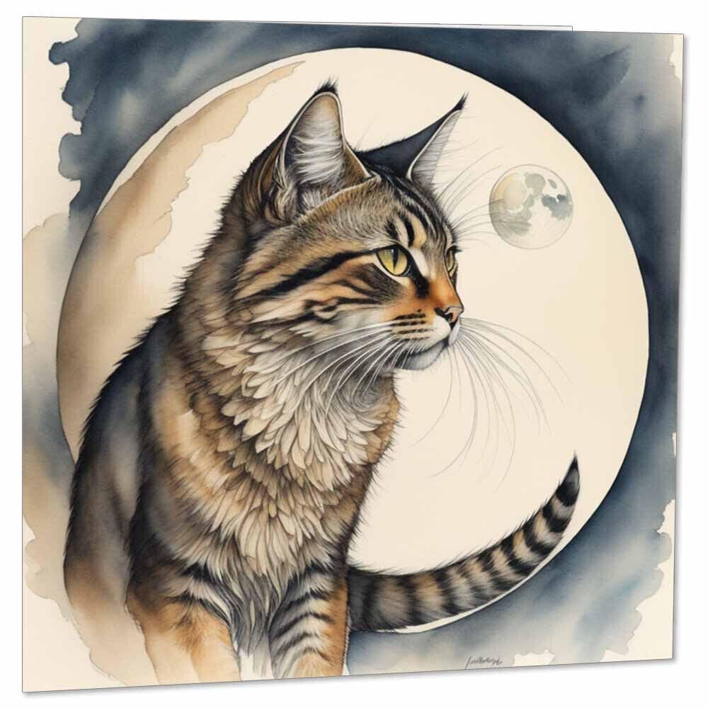 Cat Moon Greeting Card - Cat Art Birthday Card 145 x 145mm - Purple Fox Gifts