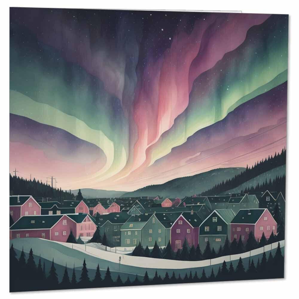 Northern Lights Card - Scandanavian Greeting Card 145 x 145mm - Purple Fox Gifts