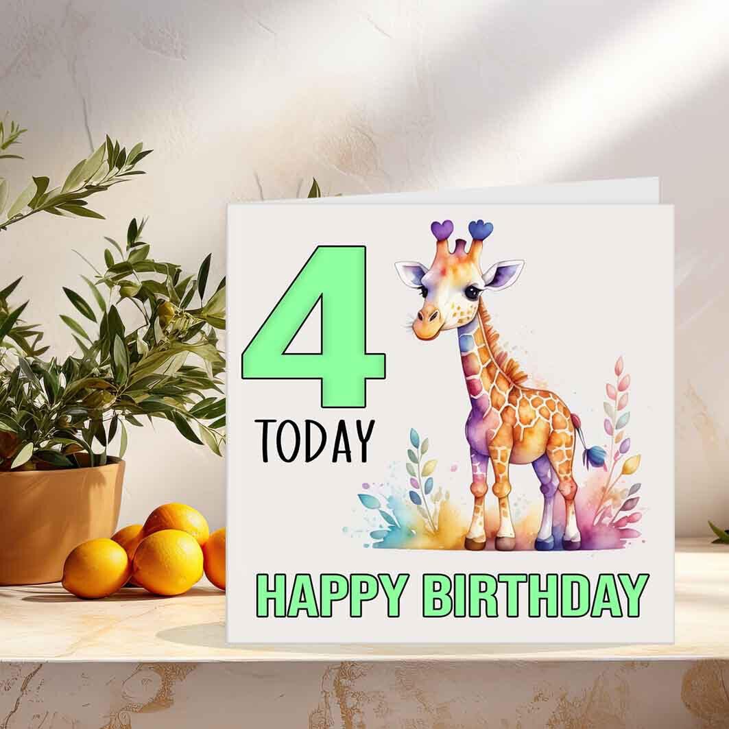 4th Birthday Card Kids Childrens 4 Years Old Watercolour Giraffe 145 x 145mm - Purple Fox Gifts