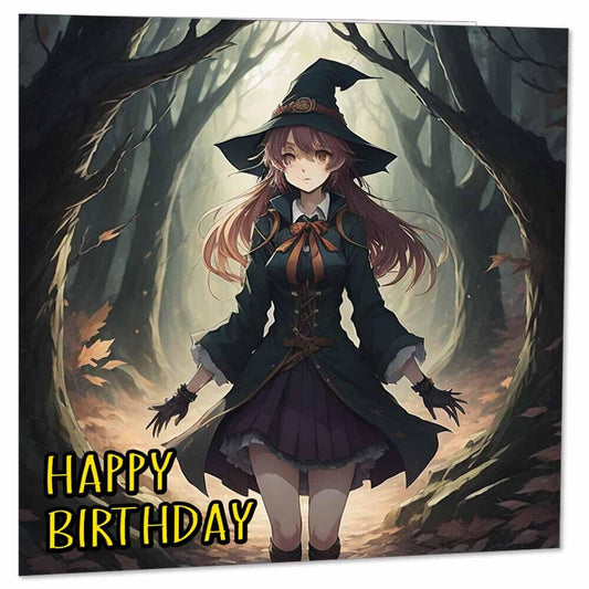 Happy Birthday Anime Witch Woodland Fantasy Greeting Card 145 x 145mm - Purple Fox Gifts