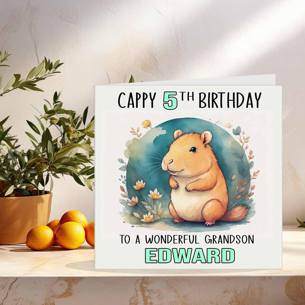 Capybara Cappy Birthday Card Personalised - Any Age & Name - 145 x 145mm - Purple Fox Gifts