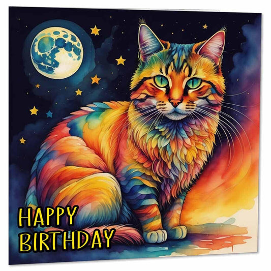 Moon Cat Birthday Card - Watercolour Cat Artistic Cards - Cat Cards 145 x 145mm - Purple Fox Gifts