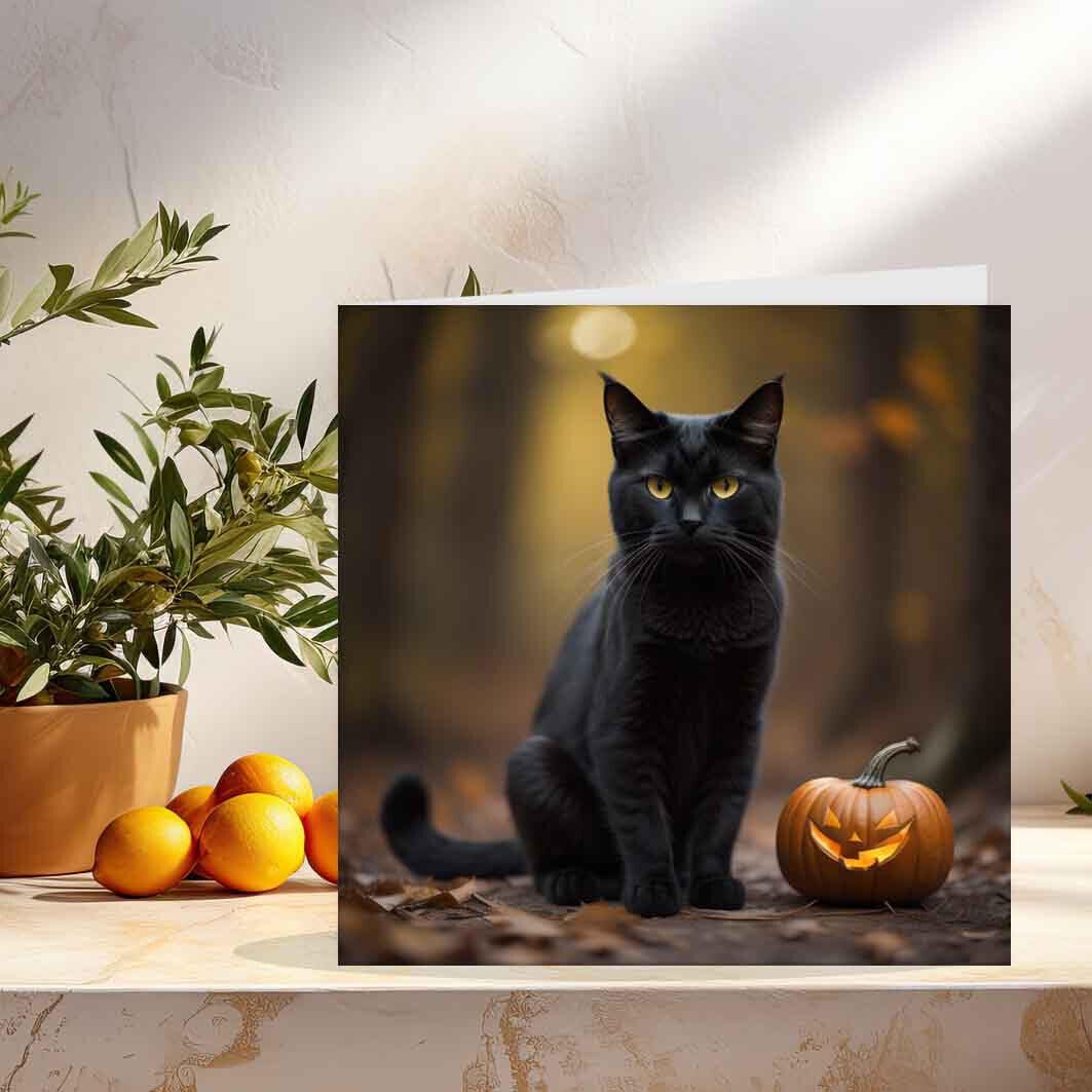 Black Cat Pumpkin Greeting Card Halloween 145 x 145mm - Purple Fox Gifts