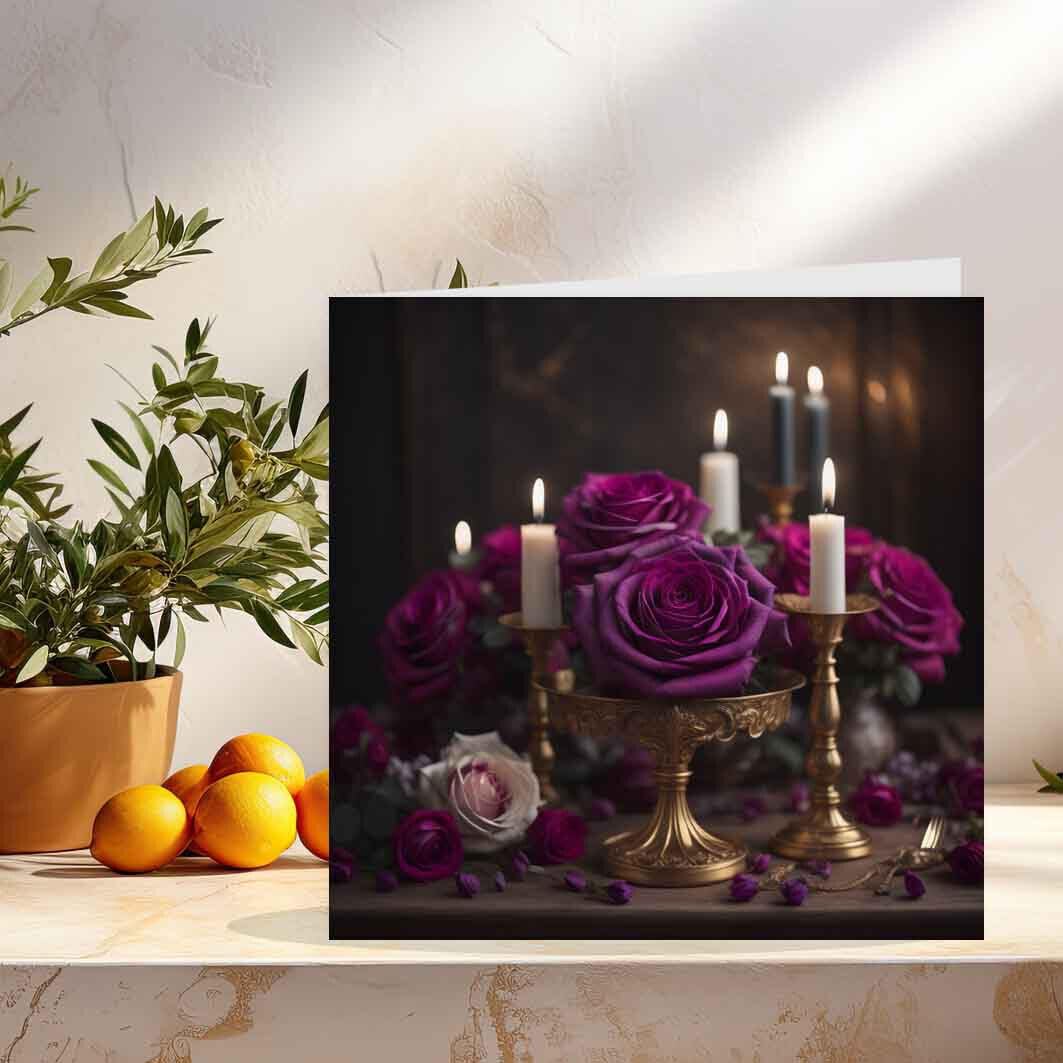 Purple Roses Candles Gothic Greeting Birthday Card 145 x 145mm - Purple Fox Gifts