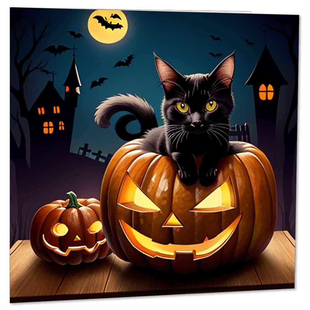 Pumpkin Black Cat Halloween Card 145 x 145mm - Purple Fox Gifts