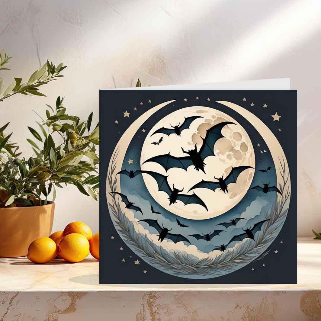 Bats & Moon Greeting Card/Birthday Card 145 x 145mm - Purple Fox Gifts