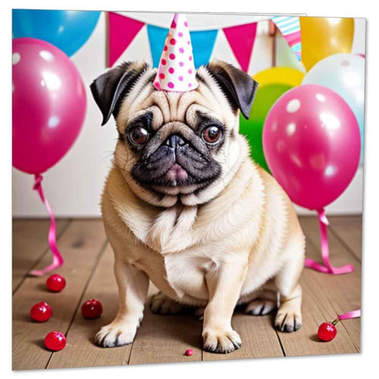 Pug Birthday Card - Cute funny fun Happy Birthday Pug Dog Cards 145 x 145mm - Purple Fox Gifts