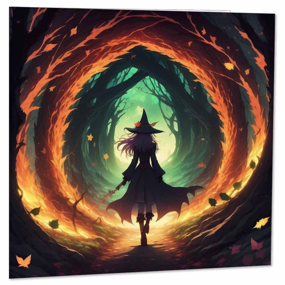 Anime Witch Woodland Fantasy Greeting Card 145 x 145mm - Purple Fox Gifts