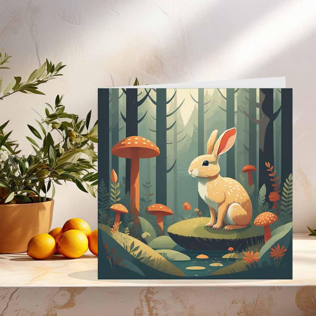 Rabbit Forest Greeting Card - Cute Woodland Bunny Hare Birthday Card 145 x 145mm - Purple Fox Gifts