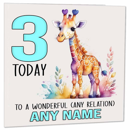 Personalised Kids Giraffe Birthday Card - Any Age & Name - Boys girl 145 x 145mm - Purple Fox Gifts