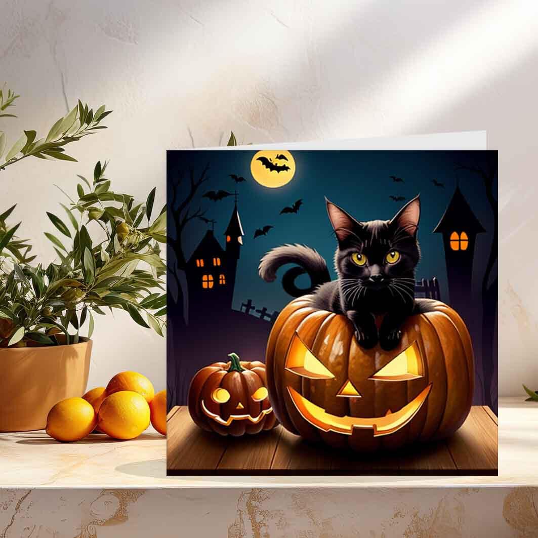 Pumpkin Black Cat Halloween Card 145 x 145mm - Purple Fox Gifts