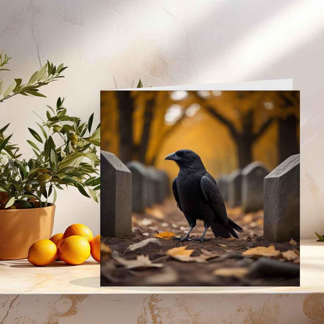 Gothic Greeting Card Raven Crow Graveyard Halloween 145 x 145mm - Purple Fox Gifts