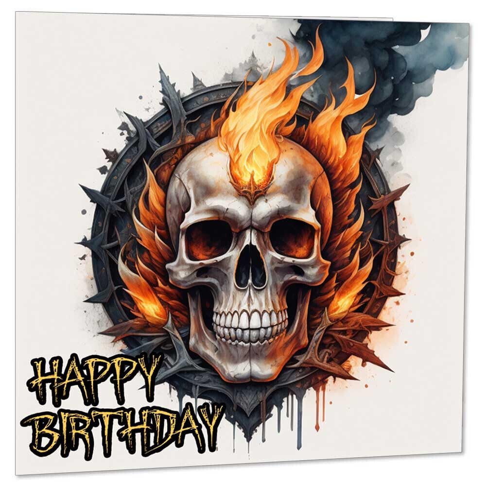 Flaming Skull Birthday Card - Rock Metal Biker Greeting Card 145 x 145mm - Purple Fox Gifts