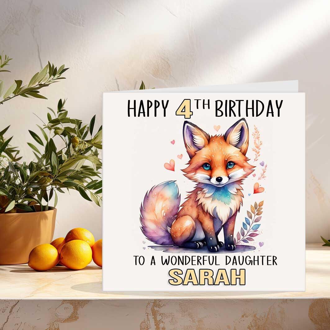 Personalised Kids Watercolour Fox Birthday Card - Any Age Kids Boys Girls Cute - Purple Fox Gifts