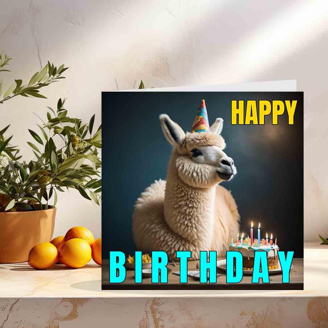 Llama Birthday Card - Llama in a party hat happy birthday card 145 x 145mm - Purple Fox Gifts