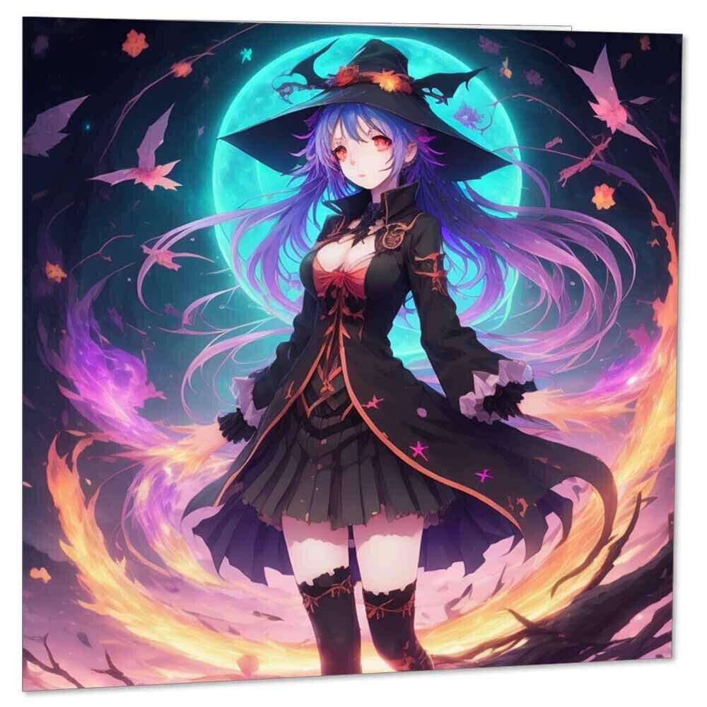 Anime Witch Greeting Card - Cute Anime Girl Witches Art 145 x 145mm - Purple Fox Gifts