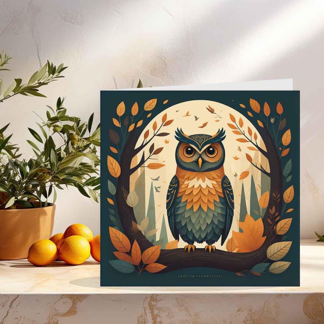 Owl Greeting Card - Woodland Owl Illustration Art Birthday Card 145 x 145mm - Purple Fox Gifts