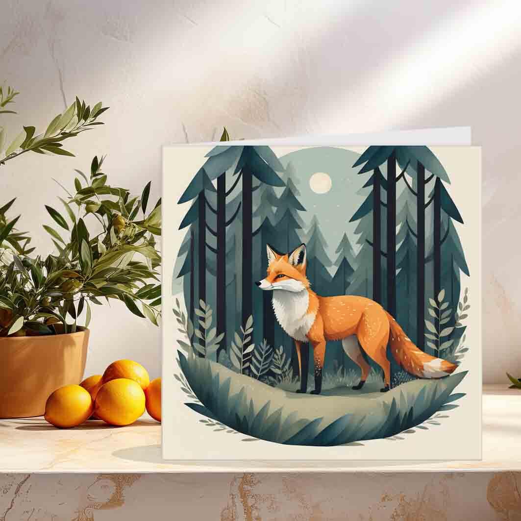 Fox in Woods Greeting Card Birthday Card Cute Fox Forest Drawing 145 x 145mm - Purple Fox Gifts