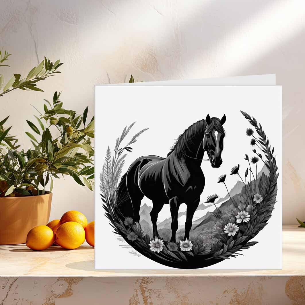 Horse Greeting Card Black & White Horse Illustration 145 x 145mm - Purple Fox Gifts