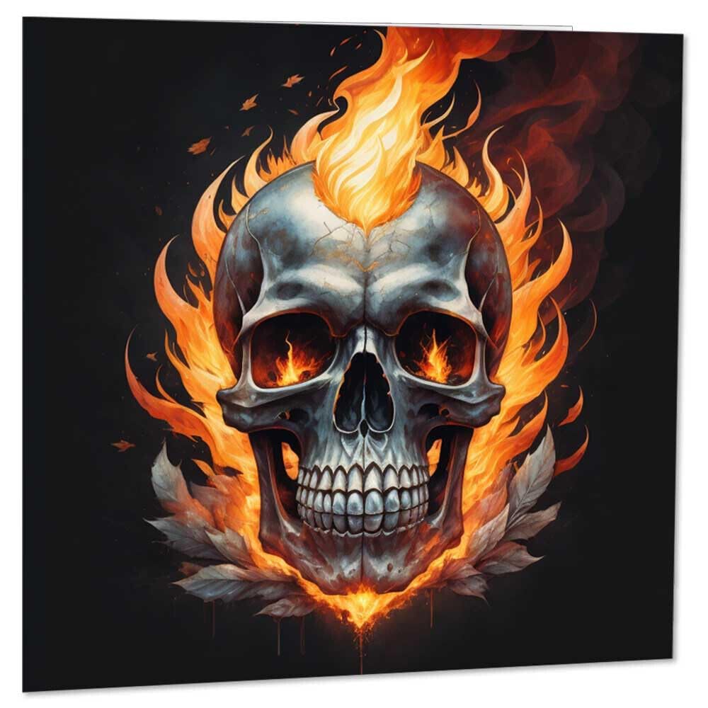 Flaming Skull Greeting Card - Rock Metal Gothic Biker Card 145 x 145mm - Purple Fox Gifts