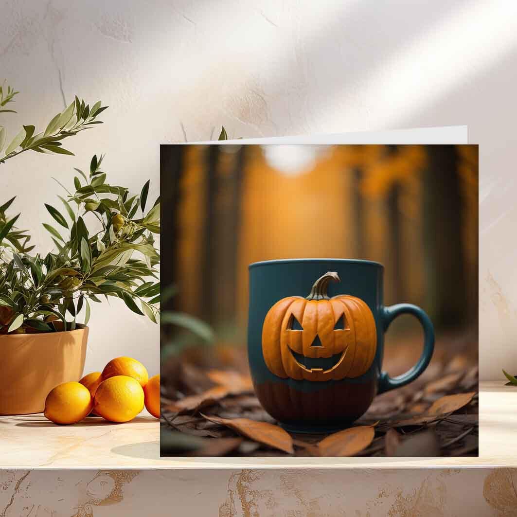 Halloween Pumpkin Coffee Autumn Halloween Cards 145 x 145mm - Purple Fox Gifts