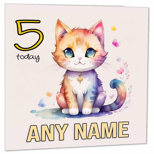 Personalised Kids Birthday Card - Any AGE - Cute Childrens Watercolour Cat - Purple Fox Gifts