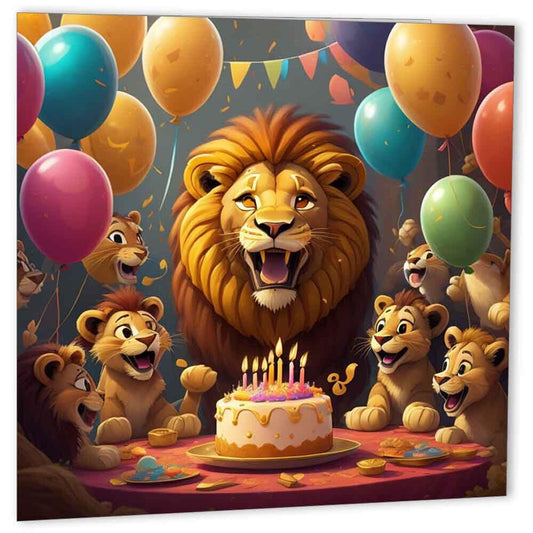 Lion Birthday Card Cute Lion Cubs Kids birthday card 147mm x 147mm - Purple Fox Gifts