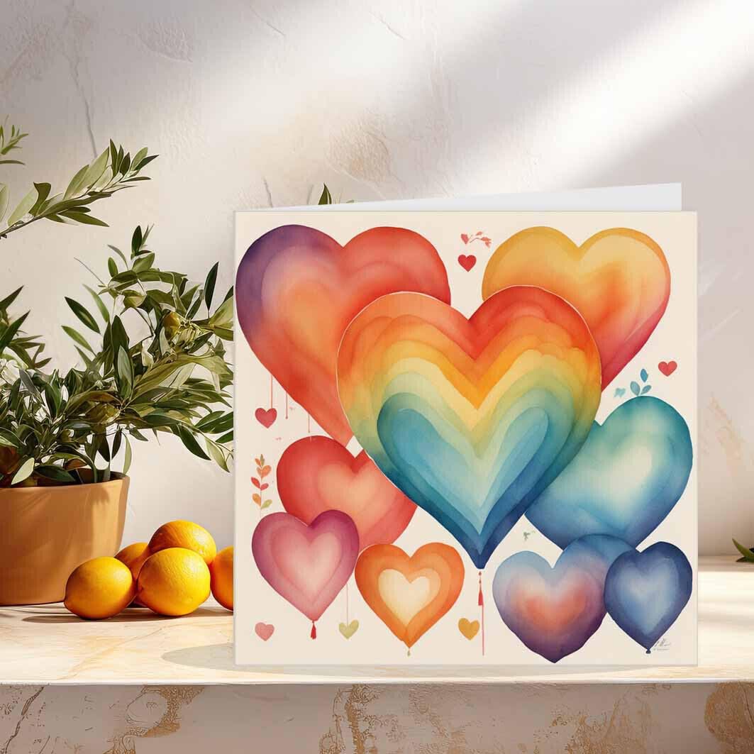 Rainbow Love Hearts Greeting Card - rainbow baby nhs love lgbt pride 145 x 145mm - Purple Fox Gifts