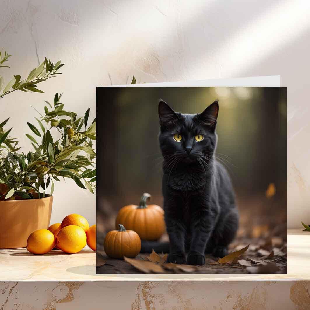 Black Cat Pumpkin Greeting Card Halloween Cards 145 x 145mm - Purple Fox Gifts