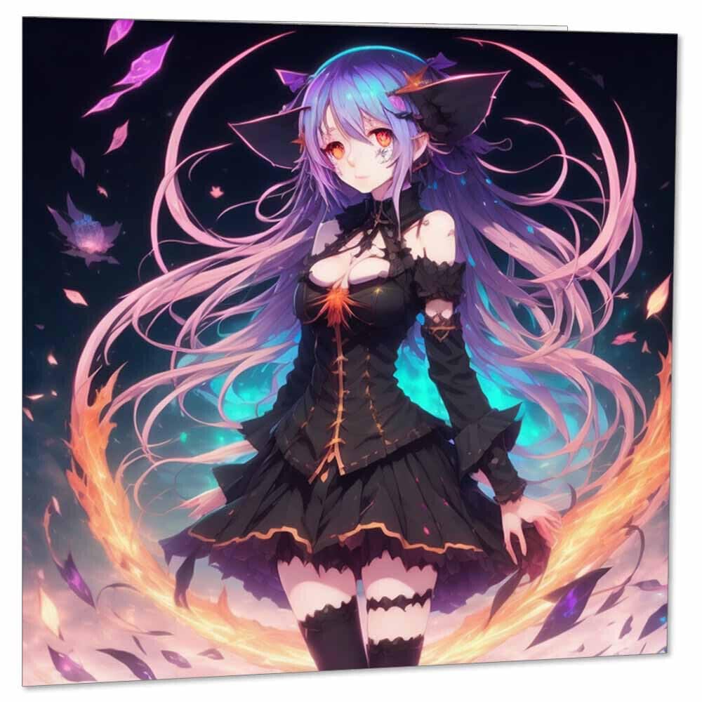 Anime Witch Greeting Card Blank 145 x 145mm - Purple Fox Gifts