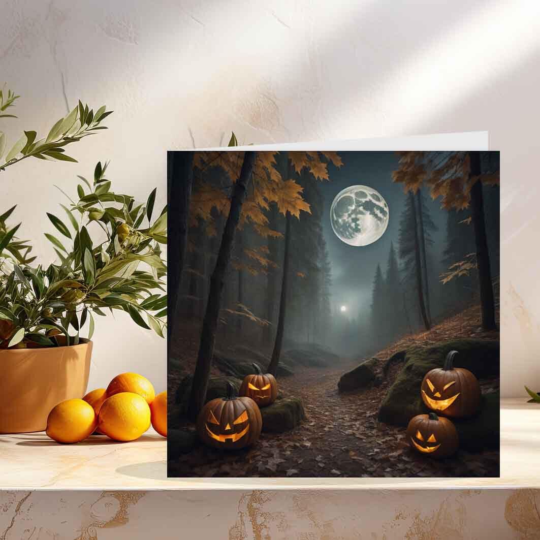 Happy Halloween Cards Pumpkin Forest Moon Spooky Woods 145 x 145mm - Purple Fox Gifts