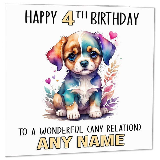 Personalised Kids Birthday Card - Any Age - Childrens Cute Watercolour Dog Puppy - Purple Fox Gifts