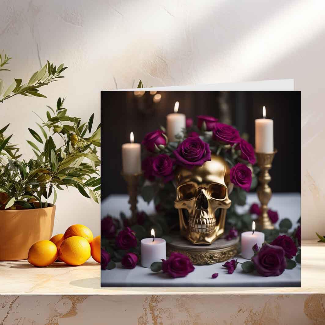 Gothic Cards - Skull Candle Purple Roses 145 x 145mm - Purple Fox Gifts